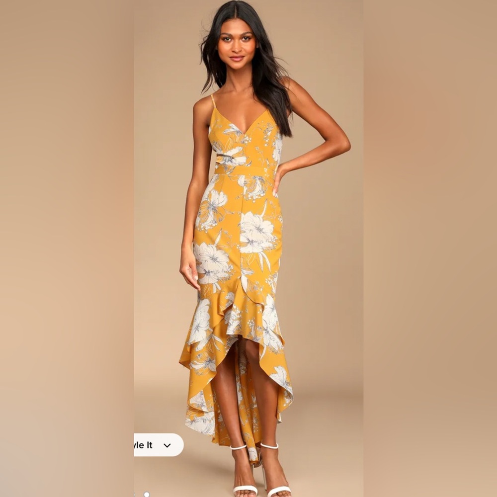 Lulus Darling Daylily Mustard Yellow Floral Print High-Low Maxi Dress